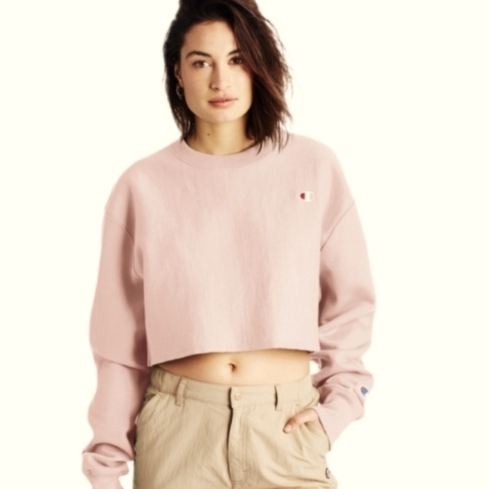 Champion Reverse Weave Womens Cropped Raw Hem Crew Sweatshirt Blush Pink Small